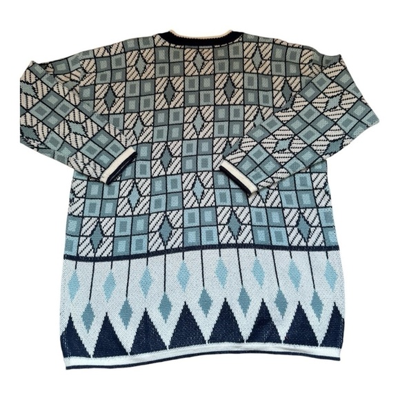 90s Geometric Grandpa Sweater Mens XLarge Blue White Retro  Unisex‎ - Picture 2 of 8